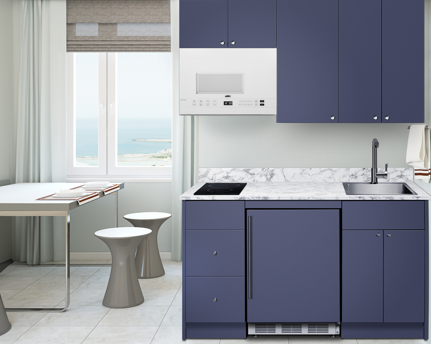 Turnkey Caldera Kitchen featuring pre-assembled cabinetry and countertop in a modern midnight navy finish, complete with ENERGY STAR certified refrigerator-freezer, ENERGY STAR certified 115V induction cooktop, storage drawers, and sink with faucet; ships in two boxes on one pallet